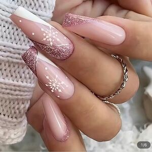 Faux Nails Press On Pink Nails Coffin Shape press on, nude with glitter, NIB